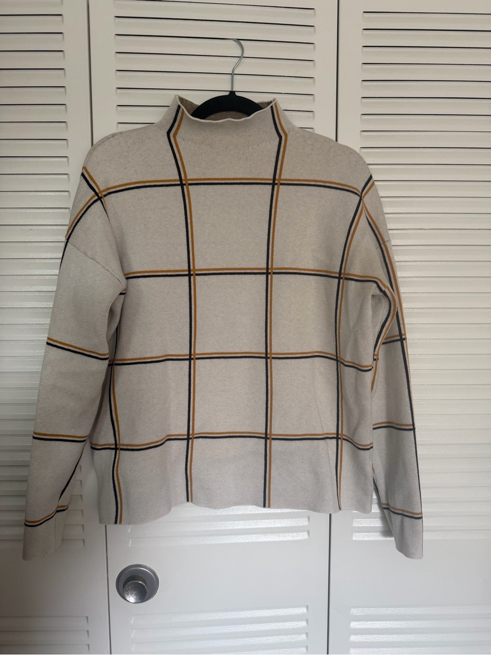 Tahari Cream Windowpane Turtleneck with Tan and Black Trim